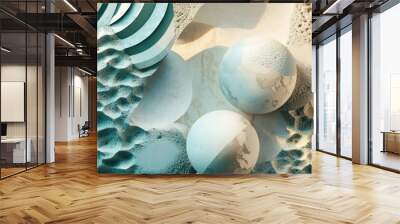 Abstract composition of mixed geometric shapes with textured surfaces in a 3D design Wall mural