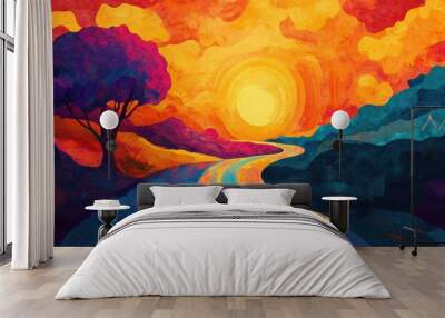 Abstract hand drawn artwork in an impressionistic style featuring a surreal landscape A vibrant modern illustration of a mystical road to eternity created with bold brush strokes Wall mural