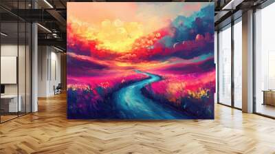 Abstract hand drawn artwork in an impressionistic style featuring a surreal landscape A vibrant modern illustration of a mystical road to eternity created with bold brush strokes Wall mural