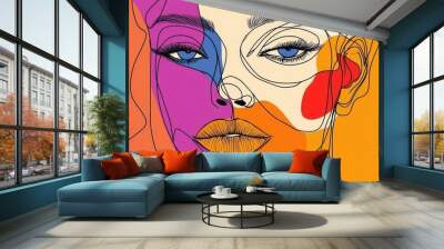 Abstract one line drawing of a face Surrealistic cubism art Fashionable portrait of a woman Modern trendy avatar design Wall mural