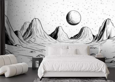 Alien fantasy landscape featuring large craters designed as a coloring page for adults Unique psychedelic graphic art in 2d style with a hand drawn minimalist aesthetic Wall mural