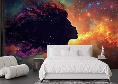 Bohemian woman silhouette in surrealistic art Conceptual design blending philosophy astrology esotericism and cosmic elements Wall mural