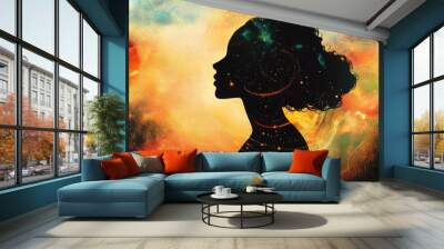 Bohemian woman silhouette in surrealistic art Conceptual design blending philosophy astrology esotericism and cosmic elements Wall mural