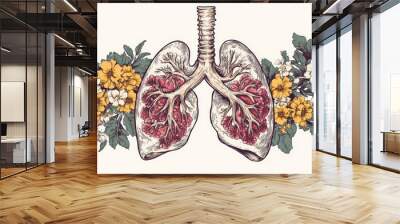 Breath is important Hand drawn 2d illustration of lungs surrounded by flowers Tattoo design for cards posters banners and t shirts Wall mural