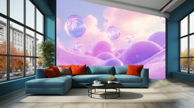 Clear blue bubbles floating in a surreal violet pink summer landscape Abstract retro vintage design 3D rendering Wall mural