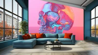 Creative 3D rendering of a glass female skull bust in a vaporwave color palette showcasing an abstract artistic design against a plain background Wall mural