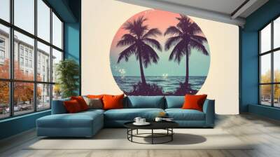 Creative circular illustration featuring palm trees with text Isolated design template Surreal minimalist artwork Wall mural