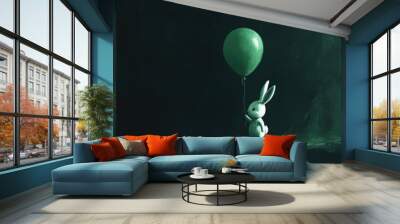 Creative illustration of a bunny holding a green balloon against a dark background designed to create a surreal effect Wall mural