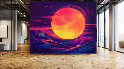 Glitched sun disk combined with neon holographic liquid shapes Abstract 2d typography in retrowave vaporwave style suitable for music event posters or covers Wall mural