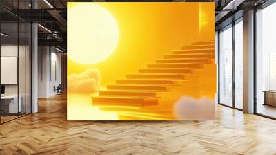 Golden floating staircases set against a bright yellow sun backdrop 3D rendering Wall mural