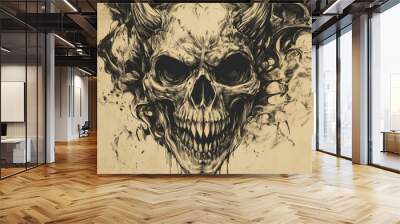 Hand drawn tattoo design featuring a demon skull illustrated on paper Wall mural