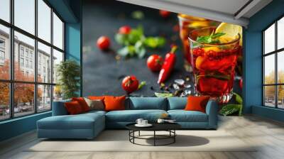 Healthy Organic Tea Infused with Spicy Red Pepper and Fresh Vegetables on Black Table Wall mural