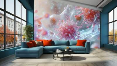 Influenza virus cells in a surrealistic art depiction Hand washing with sanitizer gel featured on a long horizontal banner 3D rendering illustration of microorganisms up close Wall mural