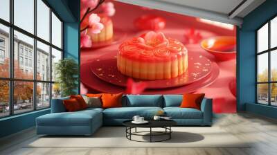 Moon cake for the Mid Autumn Festival showcasing a retro vintage style of traditional Vietnamese dessert featuring red and pink hues Wall mural