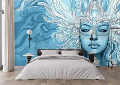 Mystical shamanic girl set against a blue backdrop 2d hand drawn illustration of a surreal tribal ethnic woman in a coloring book cartoon doodle style Wall mural