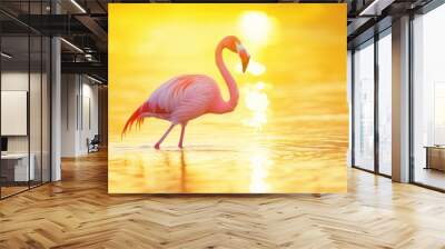 Pink flamingo standing in shallow water knee deep with a close up front view against a vibrant yellow sunset background Wall mural