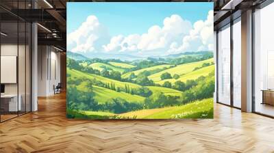 Scenic landscape featuring lush greenery rolling hills and a serene sky creating a peaceful and inviting atmosphere Wall mural