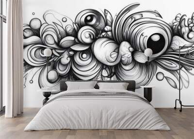 Surreal abstract doodle design for a coloring book featuring fantastical elements set against a white background Wall mural