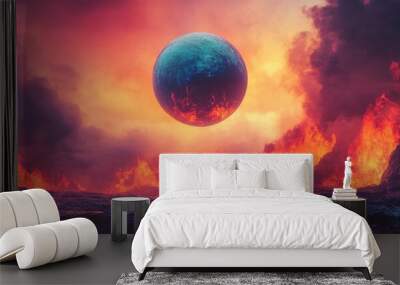 Surreal artistic design featuring a planet hovering over a volcanic stone landscape presented as an abstract and realistic 3D illustration Wall mural