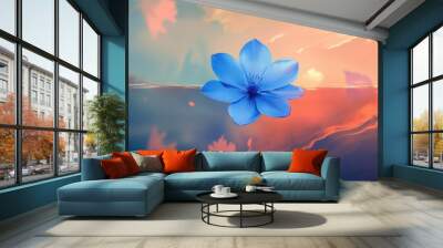 Surreal illustration of a floating blue flower against an abstract background Wall mural