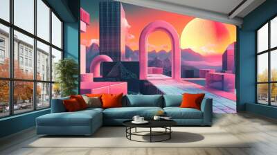 Surreal landscape featuring geometric shapes cubes and arches in a vaporwave neo Memphis style illustration Wall mural