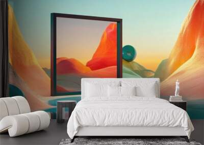 Surreal landscape with a frame showcasing a unique perspective and vision This is a 3D rendered illustration Wall mural