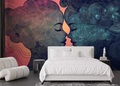 Surreal romantic dream featuring intertwined heads love theme line art style 2d illustration EPS 10 format Wall mural