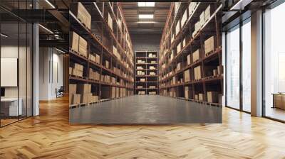 Warehouse interior featuring shelves filled with cardboard boxes Commercial logistics storage for retail goods supply facilitating package distribution sorting and delivery Wall mural