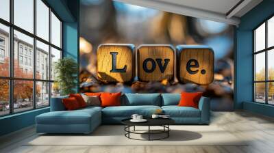 Wooden cubes displaying the word Love Themes of affection and romance Ideal for Valentine s Day concepts Wall mural