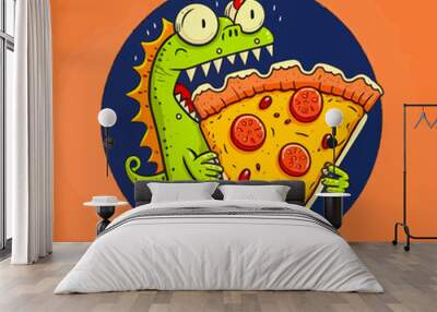 A cute little monster eating a slice of pizza Wall mural