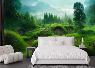 A green landscape with hobbit houses Wall mural