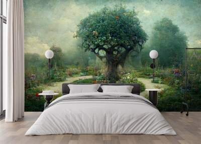  Garden of eden with the tree of life, tree of knoledge, beautiful illustration Wall mural