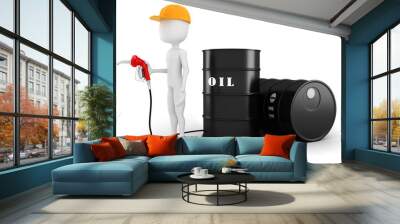 3d man holding a fuel pump, on white background Wall mural