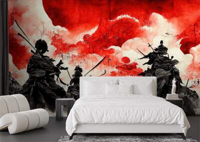 Anime style, Japanese samurai army fighting with enemy, large scene, battlefield, in Japanese black outline style and colors Wall mural