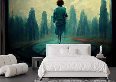 Beautiful illustration of Woman person walking on street with cinematic lights and beautiful colors Wall mural