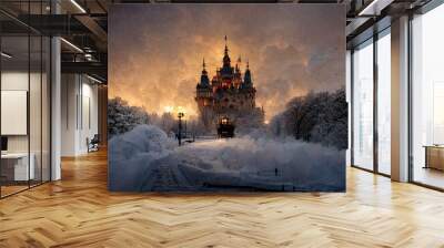 Fairy tale landscape, winter timp with snow and castle in the background Wall mural