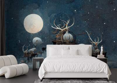 Fairy tale winter atmosphere, magical winter time Christmas decoration with snow, Santa, reindeers and big moon Wall mural