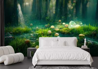 Fairytale magic forest with beautiful green grass and mushrooms, fantasy forest with tall trees and beautiful lighting. Wall mural