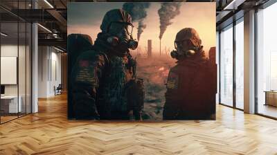 Futuristic cyberpunk soldiers in protective suits and gas masks in a post apocalyptic world after a nuclear stryke or a natural desaster, Generative AI. Wall mural