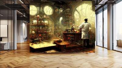 Scientist laboratory in steampunk look style with high details abd beautiful vintage tone collor palette,. Wall mural