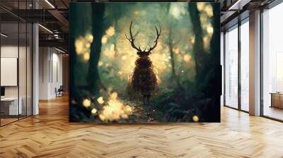 Stag silhouette in a fairy forest with firefly  and mystical lights Wall mural