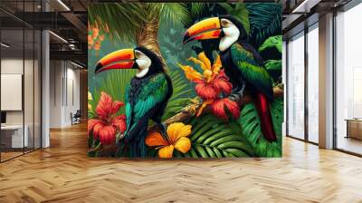 Tropical forest with beauriful colorful tucan birds, exotic fauna. Generative Ai Wall mural