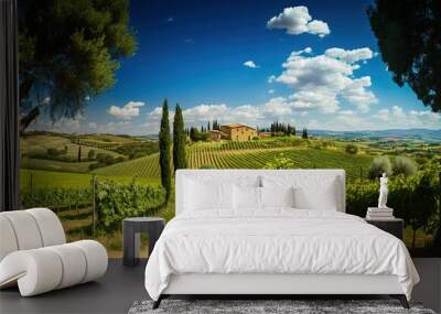 Tuscany landscape with vineyard, beautiful daylight, Generative Ai. Wall mural