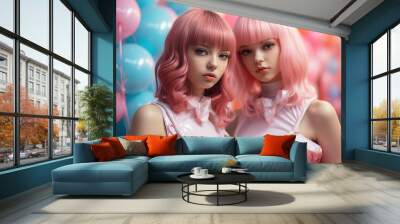 two young girls in pastel clothing and pink hair posing together. Not real person.  AI Wall mural