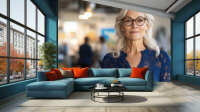 Senior Businesswoman in Cobalt Blue Blouse Leading Team Meeting on Project Timelines in Bright Office Setting Wall mural