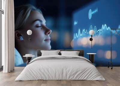 Serene Sleep Technology: Person Using Wearable Sleep Tracker with Calming Wave Visualization in Bedroom Setting Wall mural