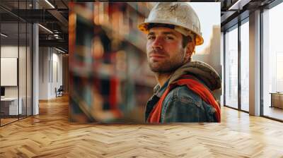 Strong Construction Worker in Hard Hat at Midday Construction Site Wall mural