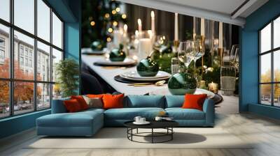 Christmas Dinner, Green Winter Table Decoration for Christmas, Beautiful and Festive Interior at Home - Generative Ai Wall mural