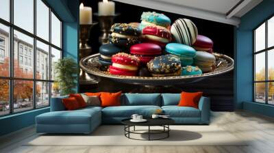 Colorful Macarons on Silver Plate with Candlelight Ambiance Wall mural