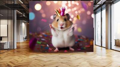 festive birthday celebration with hamster wearing party hat Wall mural